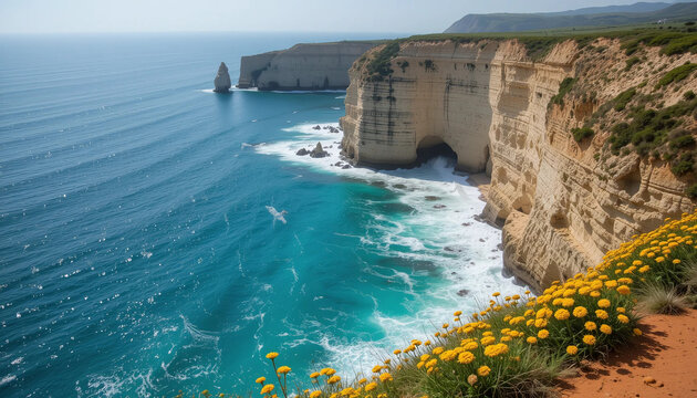 Bulgaria&rsquo;s Cape Kaliakra cliffs rise above turquoise waves crashing below. Bright yellow wildflowers grow along the crimson earth edges.
