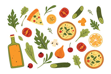 Culinary Creation: An eye-level shot of fresh ingredients beautifully arranged. A mouthwatering collection of pizza slice and fresh ingredients.