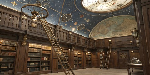 Obraz premium A library interior with wooden bookshelves ladders and a ceiling painted with celestial designs and planets