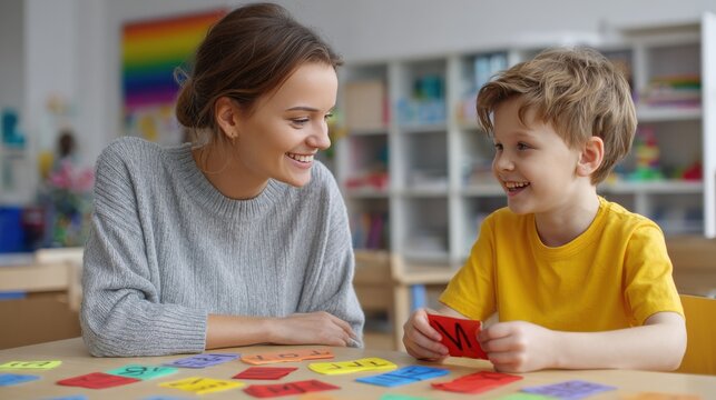 Teacher and student using letter flashcards for language learning
