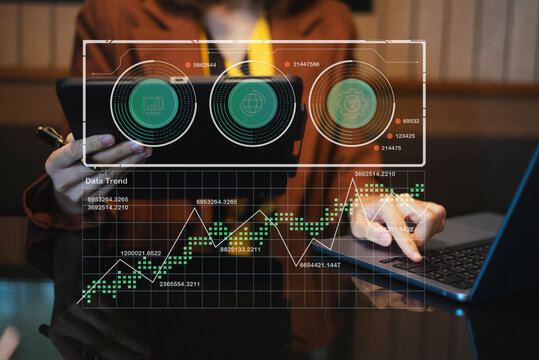 Closeup of smartphone user planning with a futuristic dashboard UI, featuring data visualization, calendar interface, and real peopl