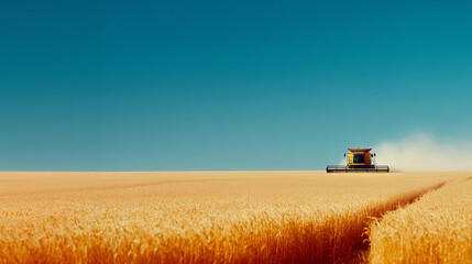 Fototapeta premium close up of modern combine harvester working in golden wheat field