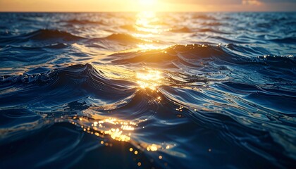 Ocean water surface at sunset with golden sunlight reflections on gentle waves. Calm, serene seascape background perfect for nature, travel, and design projects.