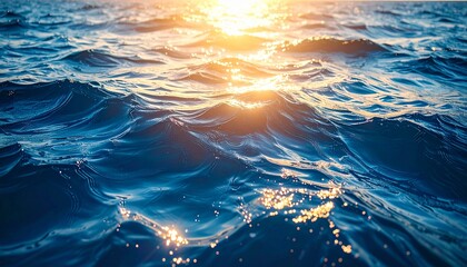 Ocean water surface at sunset with golden sunlight reflections on gentle waves. Calm, serene seascape background perfect for nature, travel, and design projects.