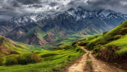 Mountainous valley path, snow-capped peaks