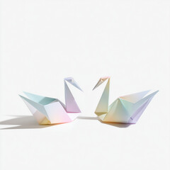 Naklejka premium Elegant origami swan artwork with iridescent pastel tones. Minimalist paper bird design symbolizing peace, love, and harmony. Perfect for modern wall art, zen decor