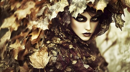 Enchanted Autumn Woman Leaves Portrait Mysterious Fantasy