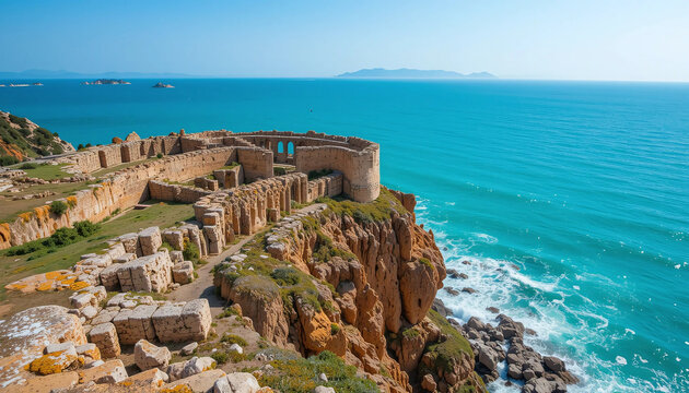 Bulgaria&rsquo;s Kaliakra Fortress ruins rest on crimson cliffs overlooking neon-blue sea waves. Bright lichen paints the stones with strokes of green and yellow.
