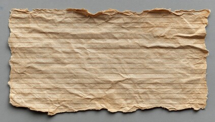Aged, crumpled lined paper fragment on gray
