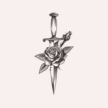 Classic dagger and rose tattoo design art. Bold lines and detailed shading merge romance and danger in timeless symbolism. Perfect for tattoo flash