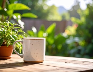 Off-white speckled ceramic mug on rustic wooden table with green plant. Minimalist, cozy lifestyle scene perfect for coffee, tea, branding, and home design projects.