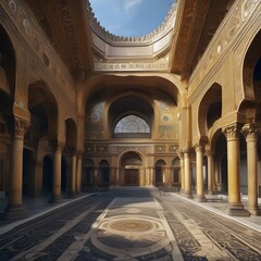 Obraz premium Ornate Grand Hallway with Arches and Intricate Details in Golden Hue