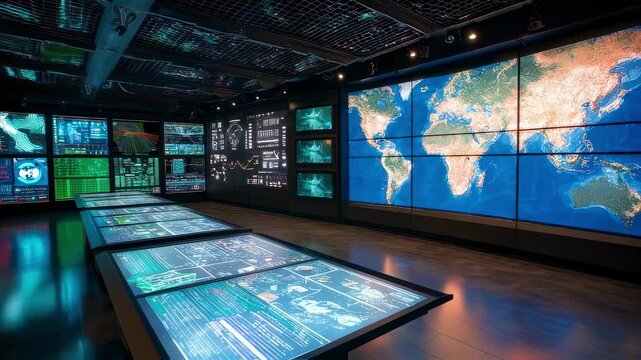 Hightech command center illuminated by vibrant LED displays presenting an array of digital maps and analytics that reflect global surveillance efforts symbolizing the future of integrated