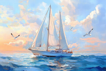 Fototapeta premium Sailing boat cruising on calm ocean waters under blue sky 