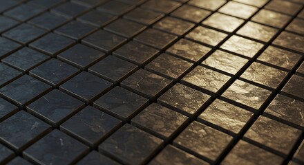A textured grid of dark metallic cubes with a diagonal reflection of warm golden light.