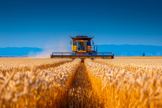 close up of modern combine harvester working in golden wheat field
- Powered by Adobe
