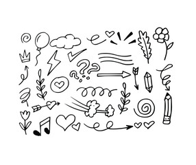 Fototapeta premium Sketch element line set. Abstract nature element decoration graphic icon set. Sketch hand drawn line element for brush, abstract decoration design. Vector illustration