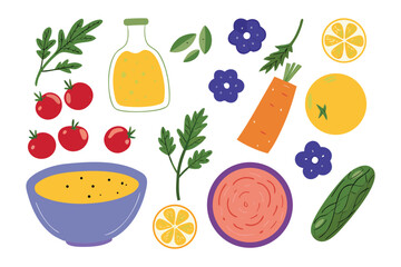 Culinary Garden Collection: A delightful array of fresh, hand-drawn illustrated elements, showcasing vibrant fruits, vegetables, herbs, and condiments perfect for crafting healthy culinary creations.