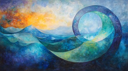Abstract Ocean Wave Painting Sunrise Mountains Circle