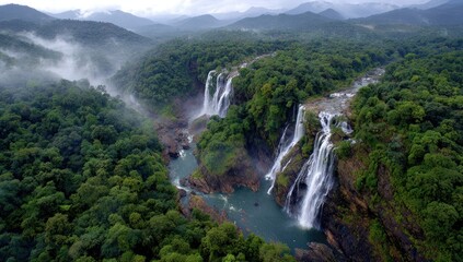 Fototapeta premium Lush green valley with cascading waterfalls
