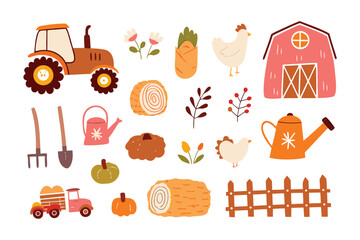 Farmhouse Element Collection: A vibrant illustration featuring a diverse array of elements associated with farm life, showcasing a charming blend of rustic aesthetics.