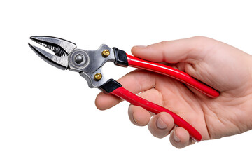 Obraz premium Female Hand Holding Red-Handled Pliers, isolated on a transparent background.