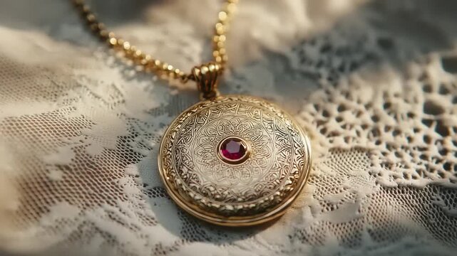 Gold locket with intricate design and ruby gemstone