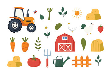 Farm Elements: A cheerful collection of vibrant illustrated farm elements, bringing the rustic charm and agricultural life of the countryside into vivid focus.
