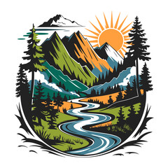 Mountain landscape with river, trees, and sun. Nature and outdoor adventure concept. Vector illustration for t-shirt design, poster, sticker, badge.