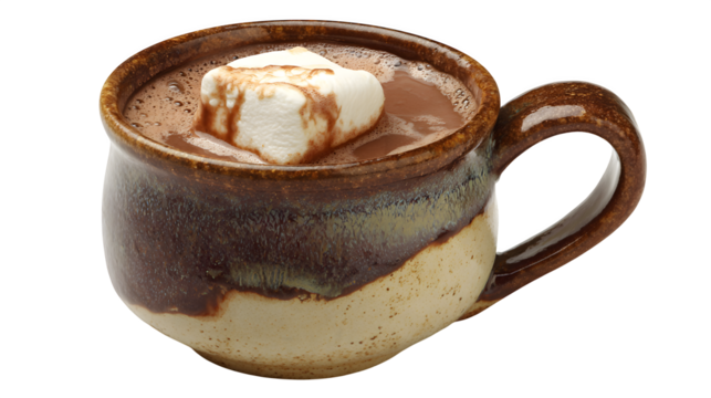 A single, perfectly crafted ceramic mug filled with steaming hot cocoa, topped with a single, melting marshmallow, isolated on a pure Transparent Background.