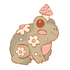 Adorable Frog with Mushroom and Flowers. Hand drawn Fairy Forest Elements in soft Pastel colors. Cottagecore Aesthetic Isolated stickers