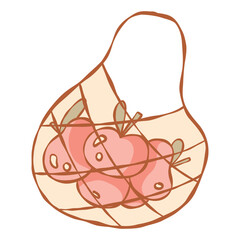 Eco String bag with Apples. Hand drawn Rural lifestyle Elements in soft Pastel colors. Cottagecore Aesthetic collection