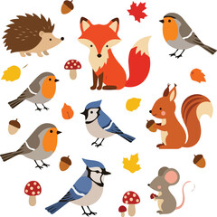 A collection of woodland creatures and autumn elements