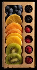 Colorful fruit slices and berries in a brown cardboard box