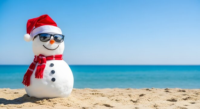 Smiling Santa sandy snowman in red santa hat and stylish sunglasses smiling on the sea beach with copy space, concept of winter holiday, Merry Christmas, happy summer time