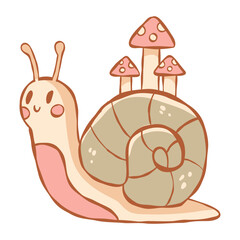 Adorable Cartoon Snail with Mushroom. Hand drawn Fairy Forest Elements in soft Pastel colors. Cottagecore Aesthetic Isolated stickers