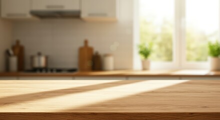 A soft-focus background of a sunlit kitchen in the morning, with light streaming through a window onto a clean wooden countertop. Perfect for food, drinks, or kitchenware.