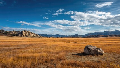 Vast, golden autumnal meadow stretching to rocky mountains under a vibrant blue sky