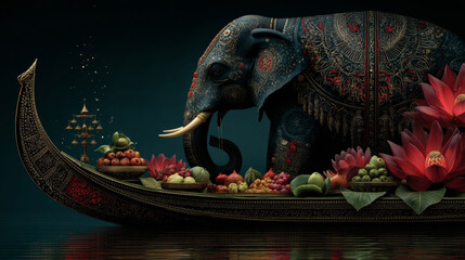 Happy Onam. Religious festival of South India Kerala.
Vector illustration of indian boat, traditional leaf food, 
elephant and text. Drawings for poster, background or cover