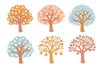 Abstract tree Collection: A stylized collection of trees, each in a unique style and color palette, showcasing nature's beauty with artistic flair. Perfect for illustrating diverse themes.