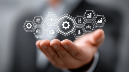 IT Consulting. Businessman holds digital consulting network connecting icon representing IT solutions, focusing on innovation, strategy, optimization, growth, and technology-driven 