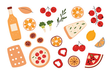 Delicious food collection: A vibrant assortment of fresh, mouth-watering food items, meticulously arranged in a colorful flat lay.