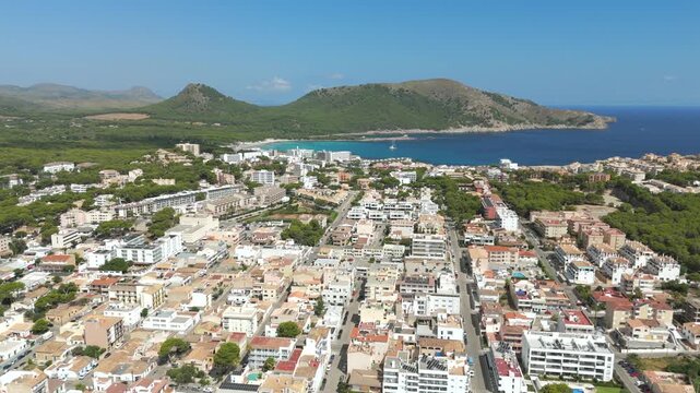 Aerial view coastal resort town Cala Millor in Majorca, Spain on sunny day