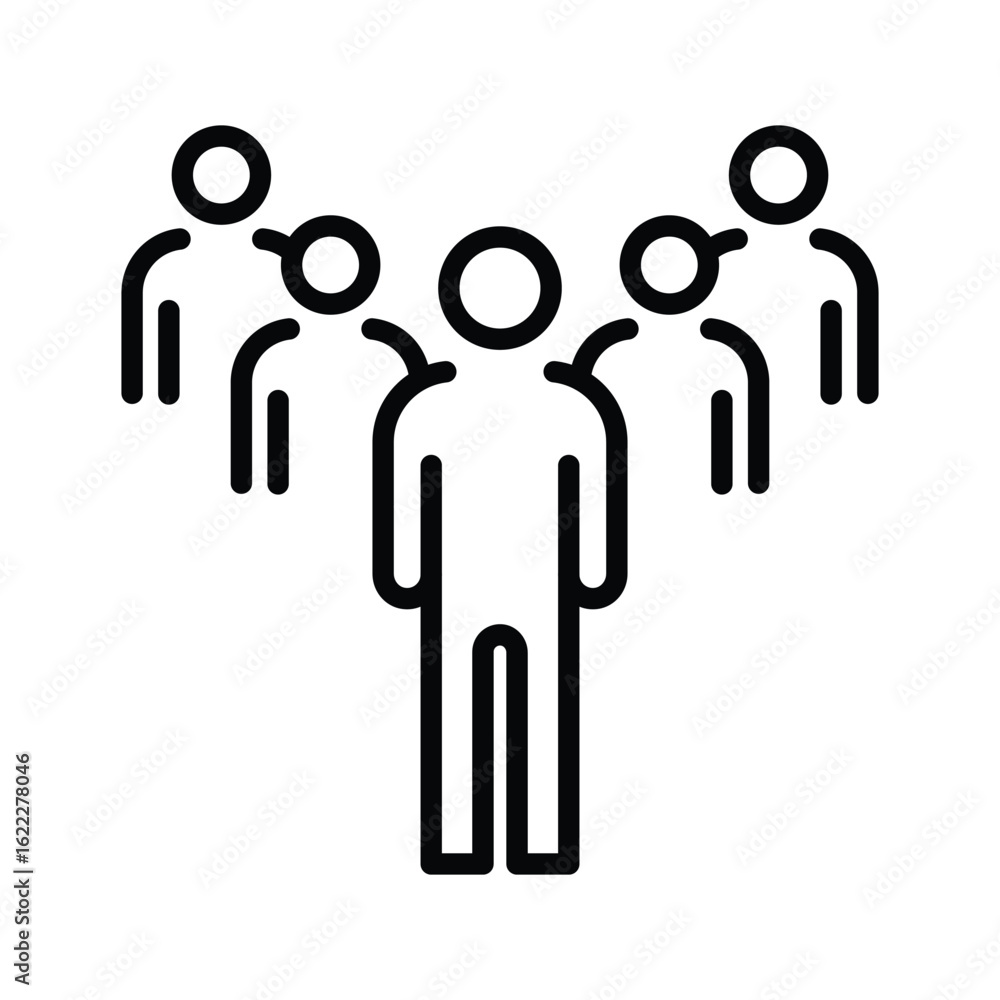 Poster a group of 5 outlined figures with circular heads and simple body shapes arranged in a semicircle fo