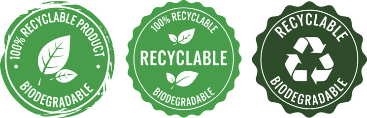 100% Recyclable and Biodegradable Product Stamps on White Background