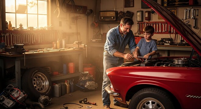 An aesthetic photorealistic image of a father patiently teaching his daughter how to use a wrench while working on a classic car in a garage.