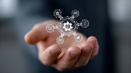 IT Consulting. Businessman holds digital consulting network connecting icon representing IT solutions, focusing on innovation, strategy, optimization, growth, and technology-driven 