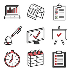 Business Icon Set Vector with Calendar Laptop Checklist Clock Elements in Modern Cartoon Style