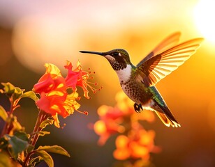 Fototapeta premium Hummingbird in flight near orange flowers at sunset