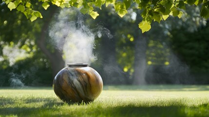 Serene Stone Sphere with Smoke in Lush Green Garden